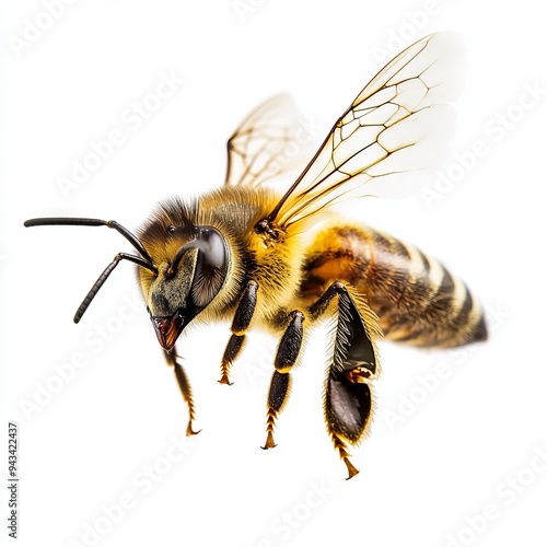 a stunning bee is flying, isolated on white background, macro, incredible pollinator