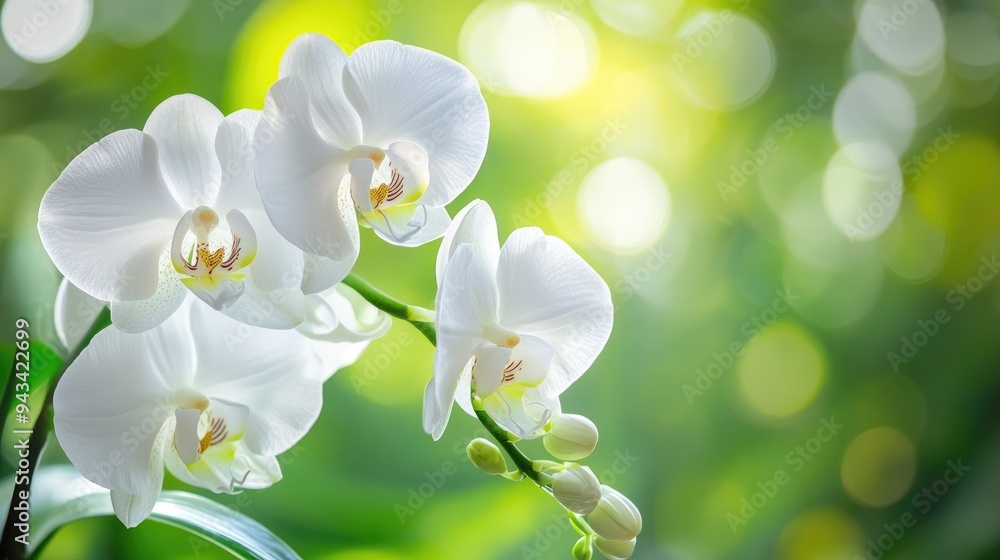 Close-up of a white orchid with detailed petals and a blurred green background Close-up of a white orchid with detailed petals and a blurred green background