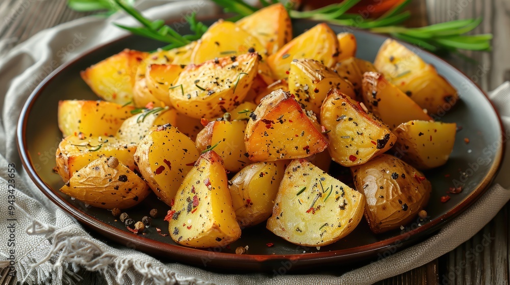 Roasted Potatoes with Seasonings on a Plate Roasted Potatoes with Seasonings on a Plate