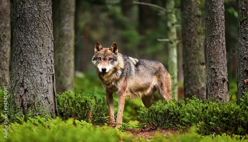 Lobo en el bosque de pinos verdes