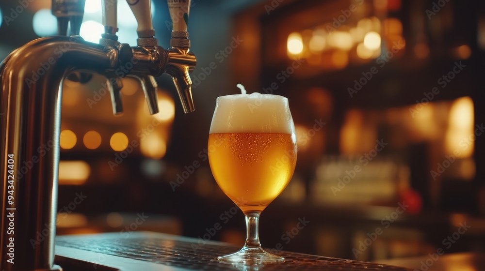 Craft beer being poured into a glass with a foamy head at a cozy pub with warm lighting - Craft beer being poured into a glass with a foamy head at a cozy pub with warm lighting -