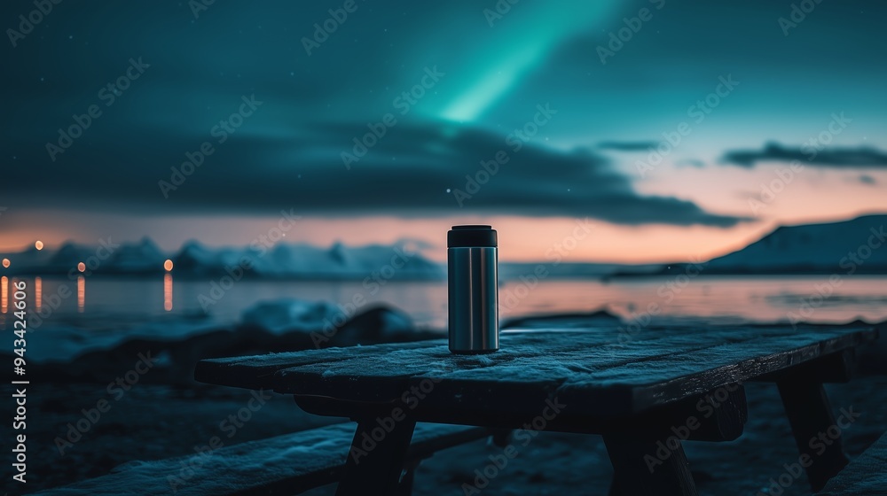 A serene lakeside view at twilight featuring a thermos under the northern lights in a peaceful coastal landscape A serene lakeside view at twilight featuring a thermos under the northern lights in a peaceful coastal landscape