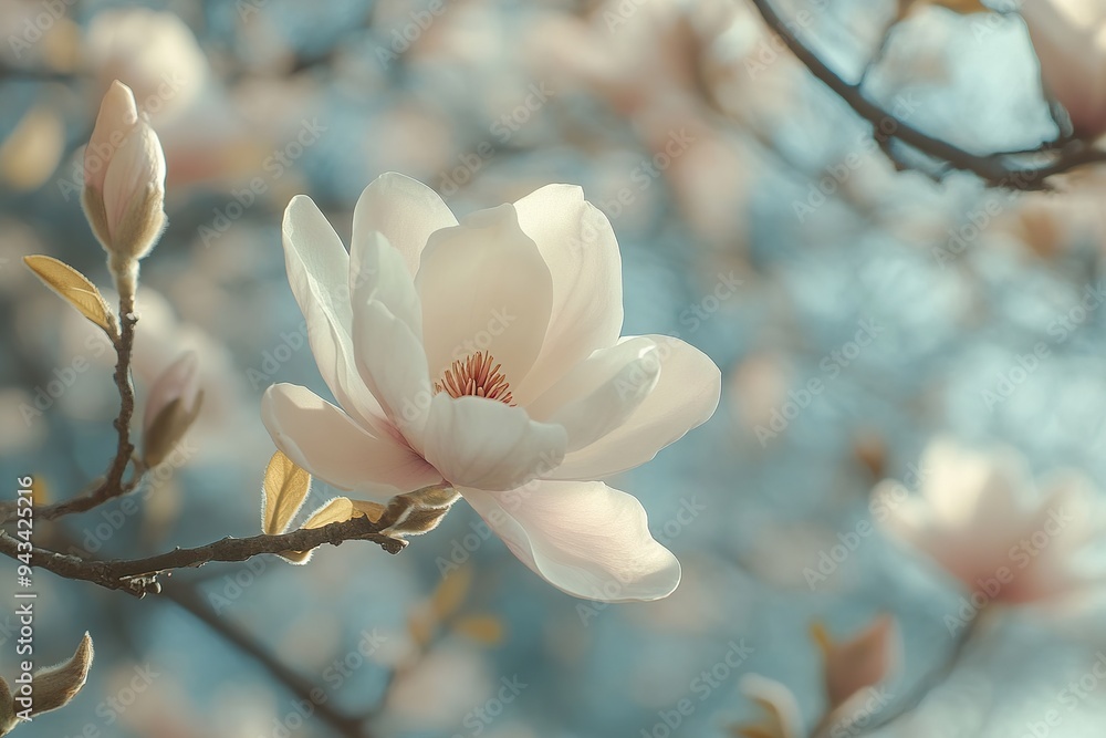 A single magnolia flower on a tree branch, with creamy white petals and a hint of pink A single magnolia flower on a tree branch, with creamy white petals and a hint of pink