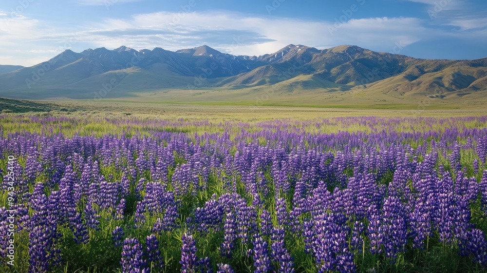 Naklejka premium Field of purple lupines in bloom with mountains in the background