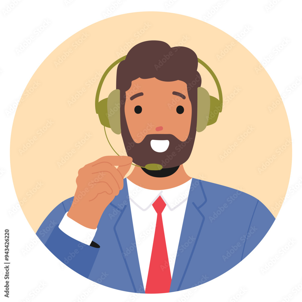 Smiling Customer Support Representative Character Wearing A Headset And Suit, Indicating Professionalism Smiling Customer Support Representative Character Wearing A Headset And Suit, Indicating Professionalism