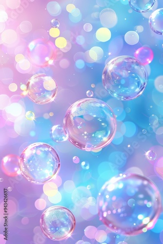 Shimmering soap bubbles floating in the air with a colorful, iridescent glow.