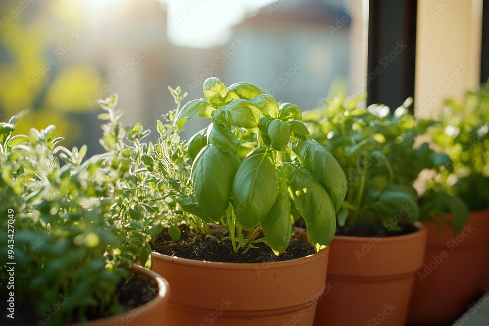 A small herb garden growing on a sunny balcony, with basil, rosemary, and thyme in full growth A small herb garden growing on a sunny balcony, with basil, rosemary, and thyme in full growth