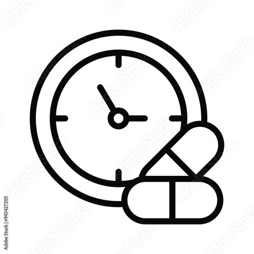 Icon representing scheduled medication time, featuring a pill and a clock