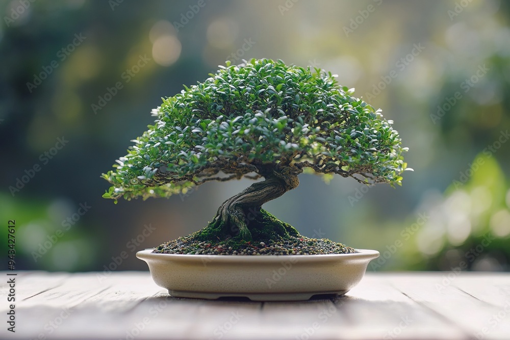 A solitary bonsai tree, carefully pruned and shaped, sitting in a shallow ceramic pot A solitary bonsai tree, carefully pruned and shaped, sitting in a shallow ceramic pot