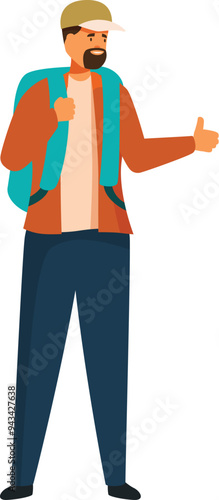 Young tourist carrying a backpack is giving a thumbs up gesture