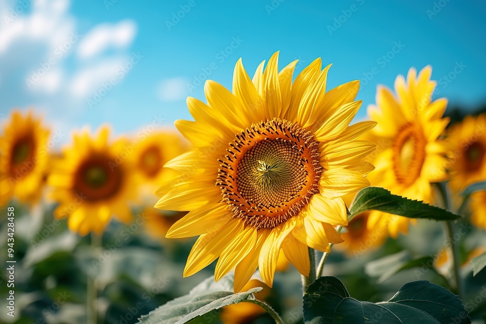 A vibrant field of sunflowers, each flower facing the sun under a clear blue sky A vibrant field of sunflowers, each flower facing the sun under a clear blue sky