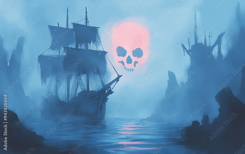 Naklejka premium A haunting silhouette of a pirate ship under a glowing skull moon. Mysterious, atmospheric, and perfect for adventure themes.