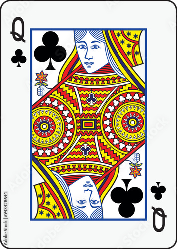Queen of clubs playing card design and drawing in colorful cartoon vector