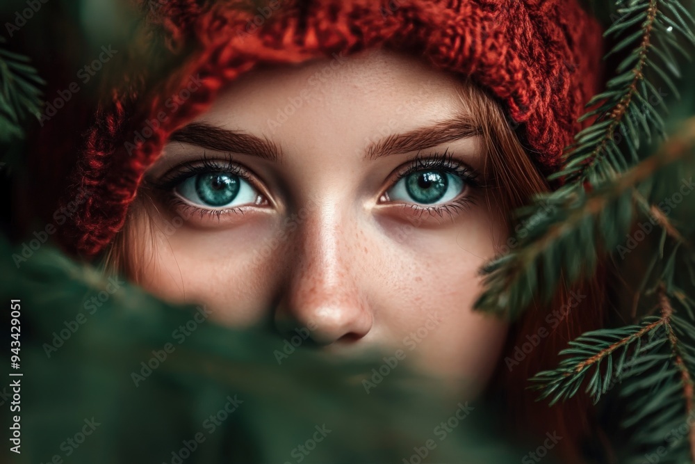 A captivating portrait of a person with striking blue eyes partially hidden by green foliage, capturing a mystical and enchanting vibe in an outdoor natural setting. A captivating portrait of a person with striking blue eyes partially hidden by green foliage, capturing a mystical and enchanting vibe in an outdoor natural setting.
