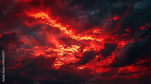 Dramatic sunset sky with red clouds and sun rays. Nature background.