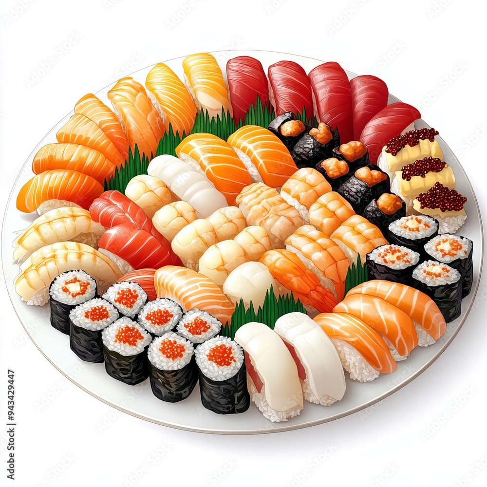 Assortment of delicious sushi on a white plate. Assortment of delicious sushi on a white plate.