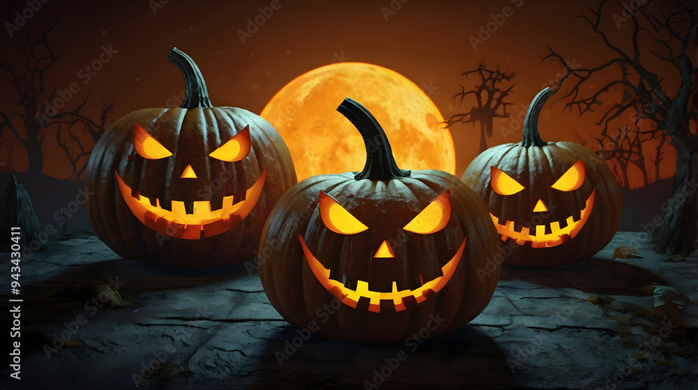 Scary pumpkins in spooky scary dark night, full moon, mystical fog. Halloween banner background. Scary pumpkins in spooky scary dark night, full moon, mystical fog. Halloween banner background.