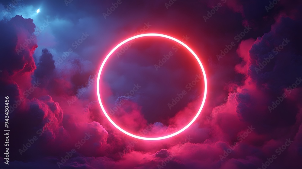 An abstract cloud illuminated with a neon light ring on a dark background, creating a surreal effect. A glowing geometric circle frame in the sky is surrounded by smoke and clouds. An abstract cloud illuminated with a neon light ring on a dark background, creating a surreal effect. A glowing geometric circle frame in the sky is surrounded by smoke and clouds.