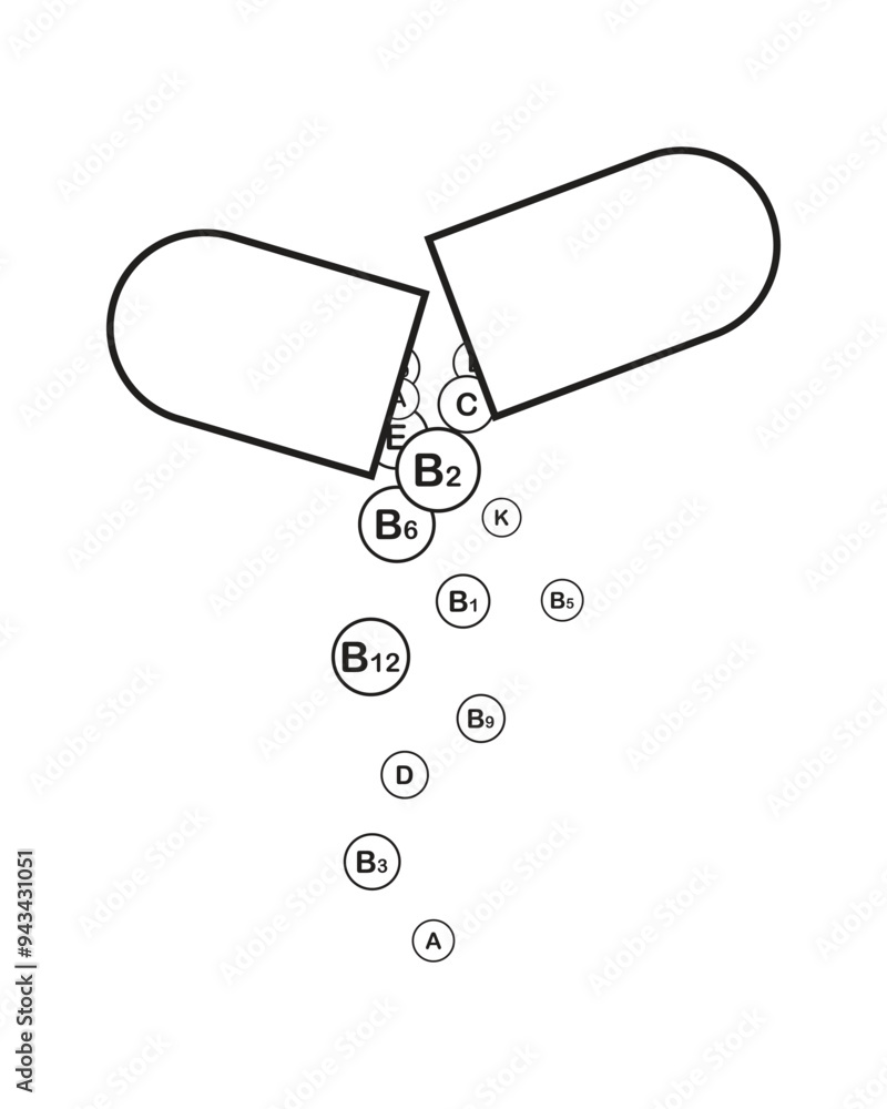 A tablet with a vitamin complex, a pill with balls of vitamins falling out of it, a contour illustration. A tablet with a vitamin complex, a pill with balls of vitamins falling out of it, a contour illustration.