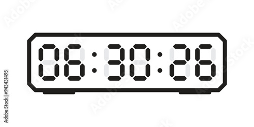 Numeric watch, electronic display, black white, rectangular, 8:88:88, pixel style.