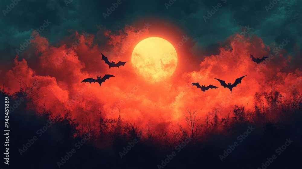 Halloween Background in minimal concept. Bats flying, pastel sky hues, flat design illustration, No logo, No Trademark, No text, minimal concept with copy space for stock photo Halloween Background in minimal concept. Bats flying, pastel sky hues, flat design illustration, No logo, No Trademark, No text, minimal concept with copy space for stock photo