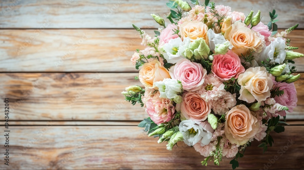 Top view of a bouquet of pastel-colored flowers on a vintage wooden table Top view of a bouquet of pastel-colored flowers on a vintage wooden table