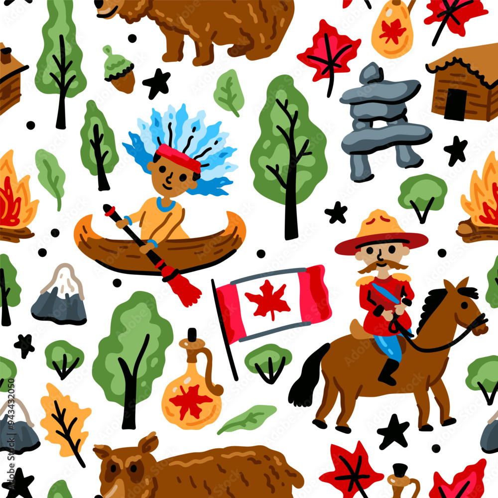 Obraz premium Bright cheerful children seamless vector pattern with symbols of Canada. American Indian, maple leaf, grizzly, mounted police. Alaska landmarks. Childish Forest travel background. North America