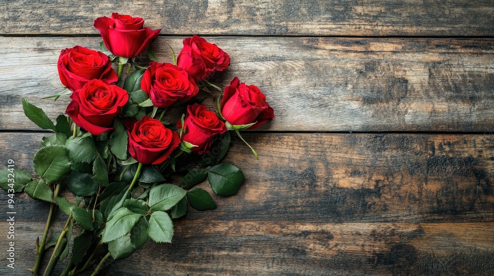 Top view of a bouquet of red roses on a rustic wooden surface, perfect for romantic themes Top view of a bouquet of red roses on a rustic wooden surface, perfect for romantic themes