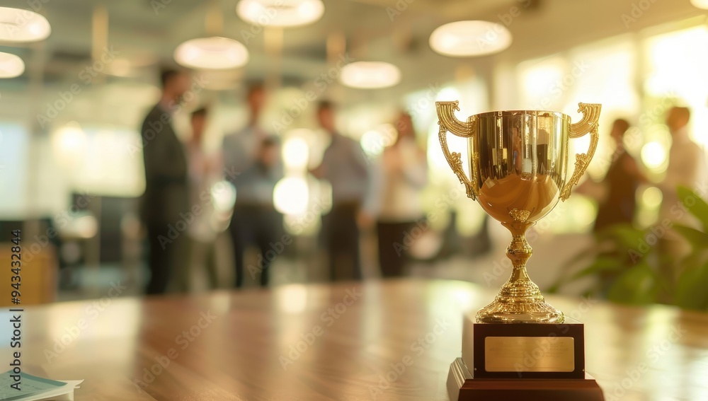 A golden trophy was placed on a table in front of an office. The trophy sits on the conference room table as the team celebrates in the background. A golden trophy was placed on a table in front of an office. The trophy sits on the conference room table as the team celebrates in the background.