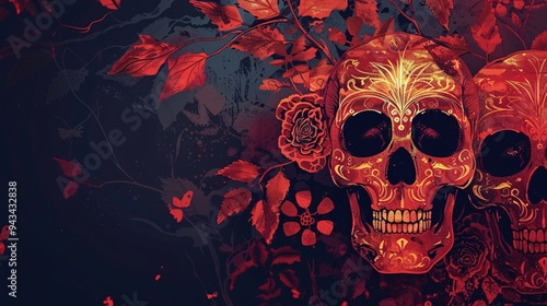 Skull with floral ornament on a dark background. Halloween concept.