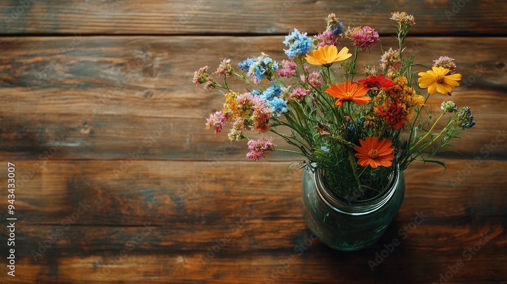 Top view of a bouquet of wildflowers in a mason jar on a wooden table Top view of a bouquet of wildflowers in a mason jar on a wooden table
