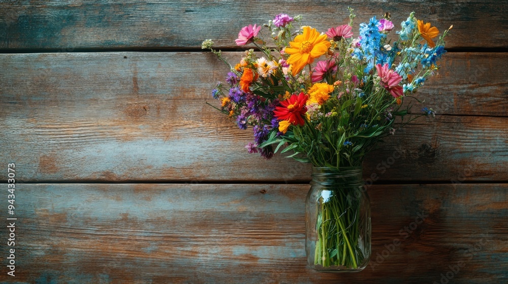 Top view of a bouquet of wildflowers in a mason jar on a wooden table Top view of a bouquet of wildflowers in a mason jar on a wooden table