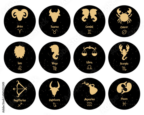 Set of zodiac signs, golden signs on a black background. Horoscope icons, vector