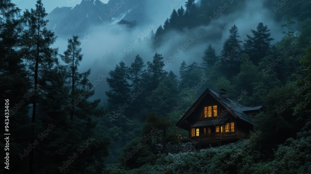 A wooden house illuminated in the darkening forest, with distant fog-covered mountains adding a touch of mystery. A wooden house illuminated in the darkening forest, with distant fog-covered mountains adding a touch of mystery.