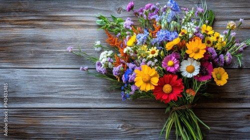 Top view of a colorful bouquet of mixed wildflowers on a rustic wooden table