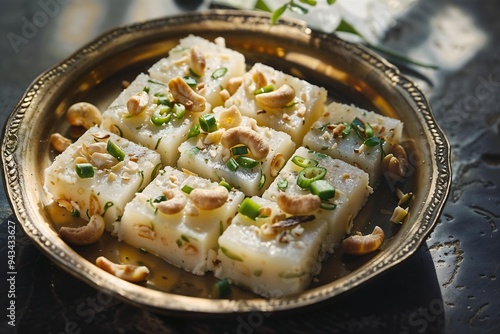 Platter of creamy, square-shaped sweets garnished with chopped nuts and green herbs