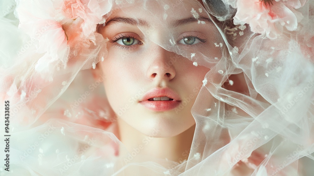 Artistic portrait of a woman adorned with delicate tulle flowers, her face softly framed by layers of fabric. Artistic portrait of a woman adorned with delicate tulle flowers, her face softly framed by layers of fabric.
