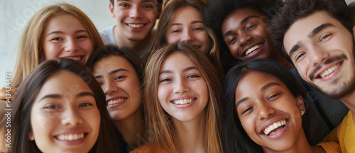 Smiling Multiracial Group of Young People, Diverse Friends Taking a Group Photo, Concept of Friendship and Inclusion, Asian, African American, and Caucasian Ethnicities