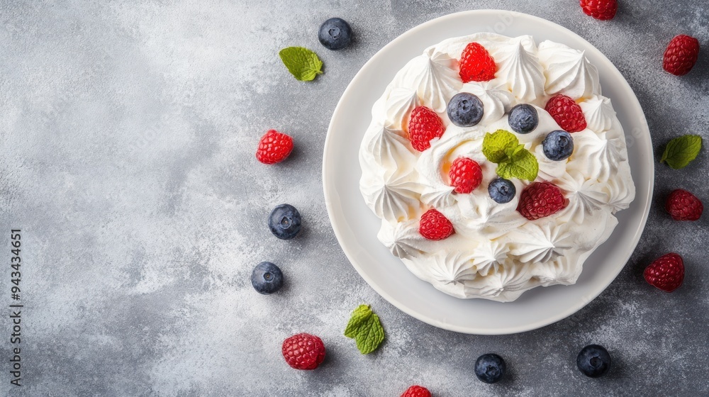A white meringue cake with whipped cream and fresh raspberries and blueberries on a gray surface. A white meringue cake with whipped cream and fresh raspberries and blueberries on a gray surface.