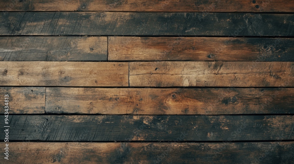 Top view of a distressed wood floor with visible grain and wear, adding a vintage and rustic touch Top view of a distressed wood floor with visible grain and wear, adding a vintage and rustic touch