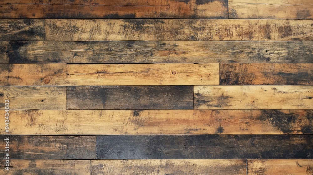 Top view of a distressed wood floor with visible grain and wear, adding a vintage and rustic touch Top view of a distressed wood floor with visible grain and wear, adding a vintage and rustic touch