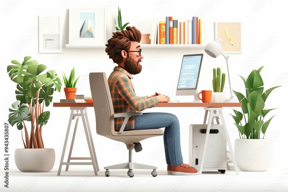 3D cartoon-style man working at a desk in a home office with plants. 3D cartoon-style man working at a desk in a home office with plants.