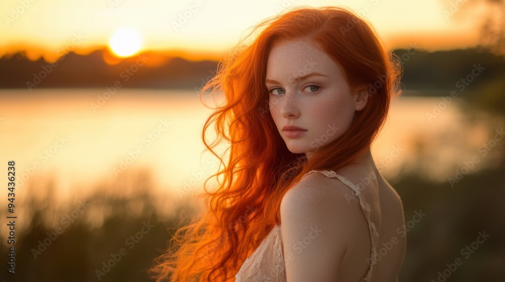 Close-up of a redheaded woman in a flowing dress, standing by a lake at sunset with warm hues illuminating her features. Close-up of a redheaded woman in a flowing dress, standing by a lake at sunset with warm hues illuminating her features.