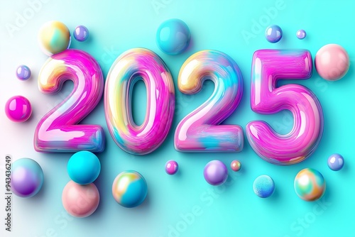 New Year 2025 with colorful spheres pastel background