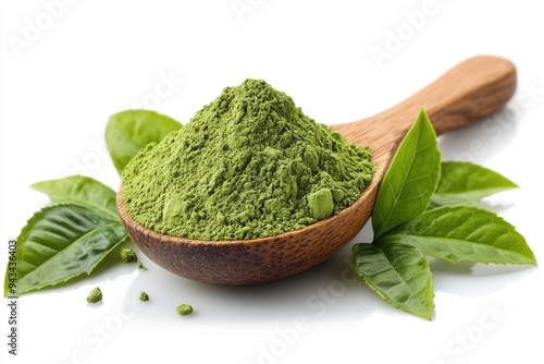 Matcha Green Tea Powder in Wooden Spoon with Fresh Leaves on Transparent PNG Background