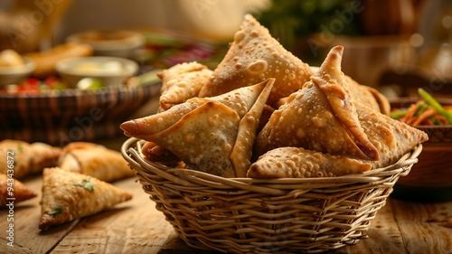 Basket of golden-brown samosas, crispy and triangular, served with vibrant green chutneys and garnished with fresh herbs