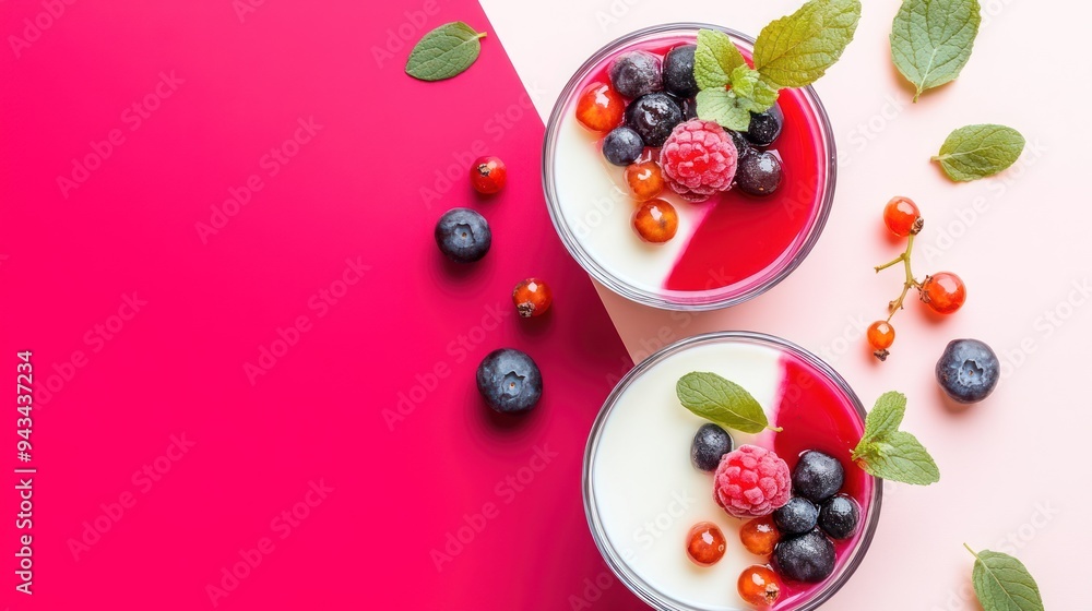 Two glasses of panna cotta dessert with fresh berries and mint leaves on a pink and red background. Two glasses of panna cotta dessert with fresh berries and mint leaves on a pink and red background.