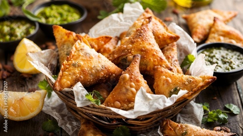 Basket of golden-brown samosas, crispy and triangular, served with vibrant green chutneys and garnished with fresh herbs