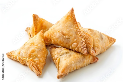 Stack of golden-brown, crispy samosas with a flaky exterior, filled with savory ingredients on white background