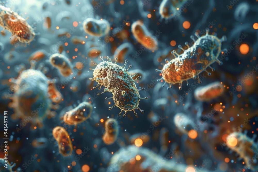 Bacteria and virus floating in a white open space. Generative AI Bacteria and virus floating in a white open space. Generative AI